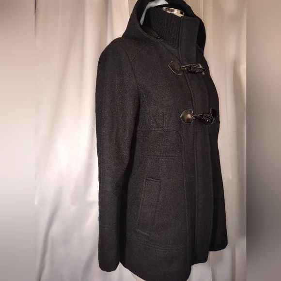 Guess Wool Pea Coat, Women Hooded, Black ButtonUp Pockets, Collar, Lining, S/M - Picture 9 of 15